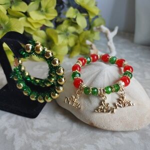 Christmas Gold Ball Tinsel Hoop Earrings & Noel Bracelet